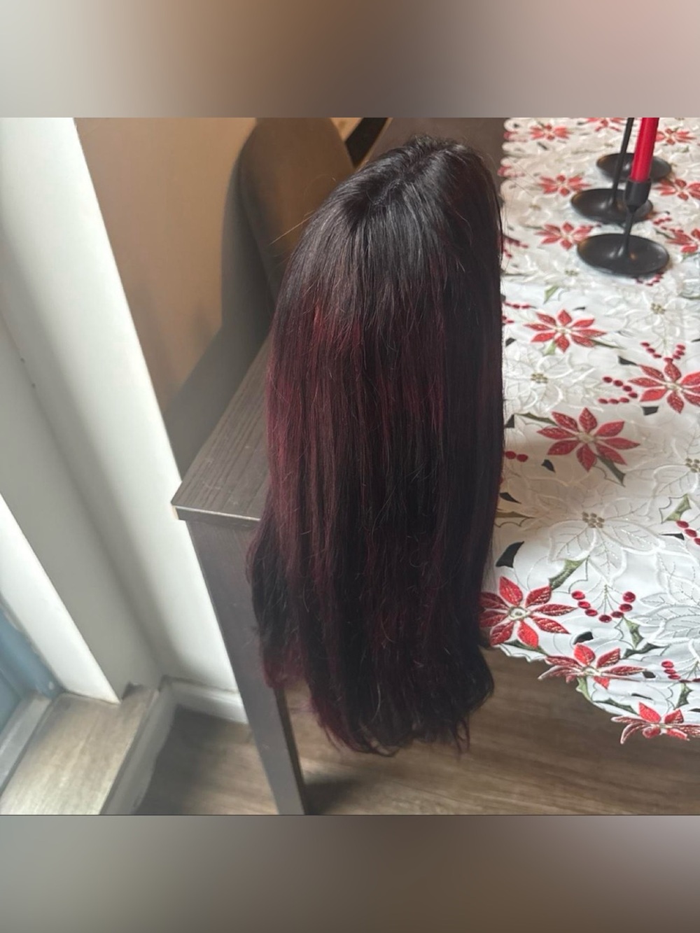 Black with Burgundy Highlights Women’s Long human hair Wig